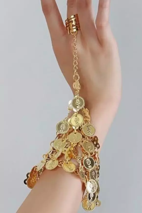 Pulsera ajustable con anillo ajustable en color oro y monedas doradas para baile indio, baile tribal, y danza del vientre
3USD cada una
Material: Metal
Talla: ajustable